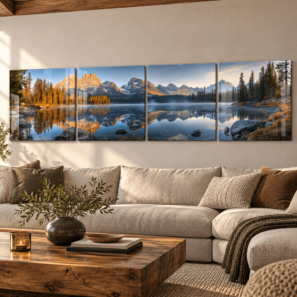 4-piece alpine lake glass wall art above a tan sectional sofa in a living room